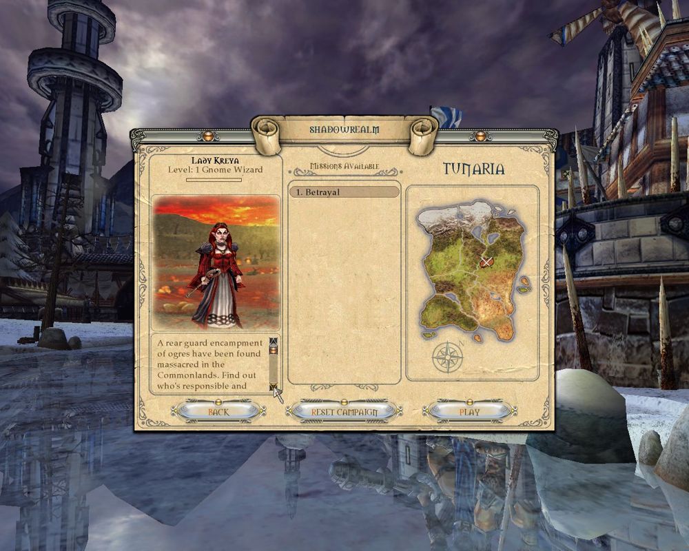 Lords of EverQuest (Windows) screenshot: Having selected a lord, or in this case a lady, the player is given their first mission briefing