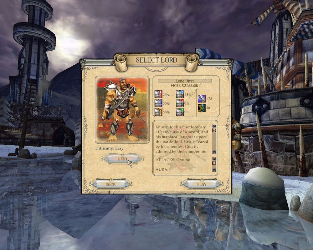 Lords of EverQuest (Windows) screenshot: Starting a game. First the player chooses a realm, Shadowrealm, Dawn Brotherhood or Elddar Alliance from the main menu then they select their lord