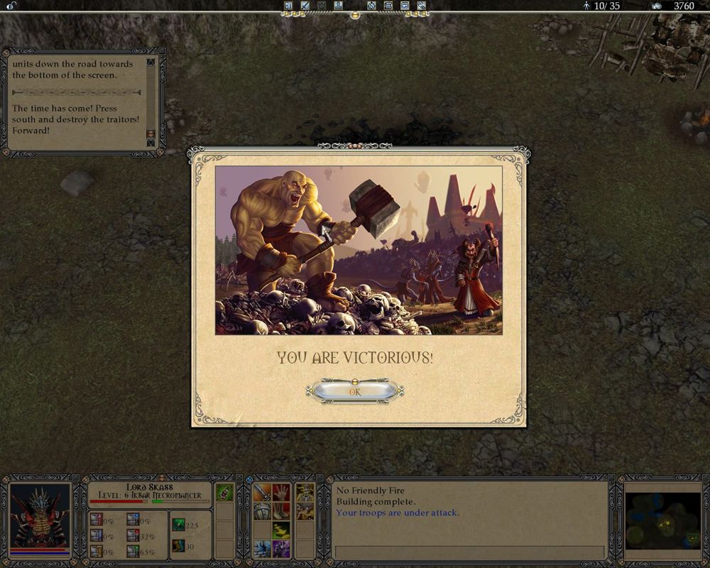 Lords of EverQuest (Windows) screenshot: The end of a scenario results in this screen if the player wins.<br>This screen is followed by a set of game statistics screens