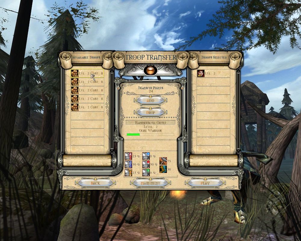 Lords of EverQuest (Windows) screenshot: At the start of a mission the player assigns points to upgrade their troops