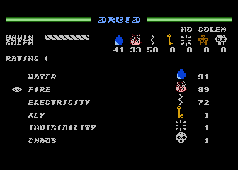 Druid (Atari 8-bit) screenshot: Choose wisely from the shop