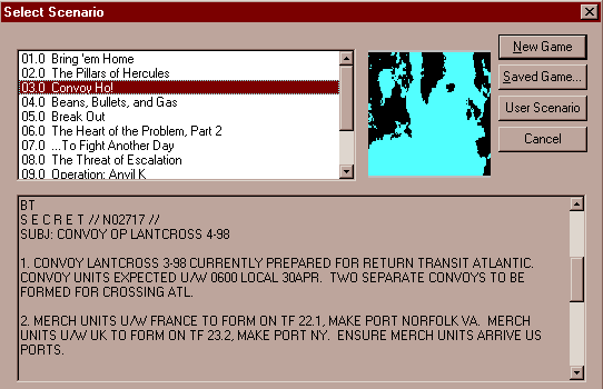 Harpoon Classic '97 (Windows) screenshot: Picking a scenario to play.