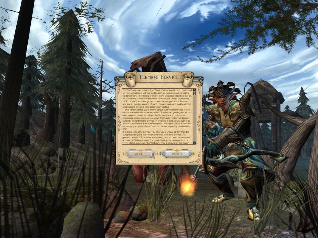 Lords of EverQuest (Windows) screenshot: Online player is possible via a LAN or Sony's online server. To use the SOE Games Service the player must agree these terms of service and they must also have a CD key.