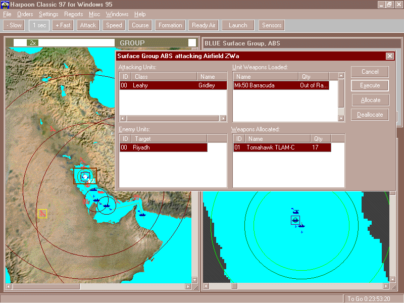 Harpoon Classic '97 (Windows) screenshot: A Tomahawk attack is launched in the Persian Gulf.