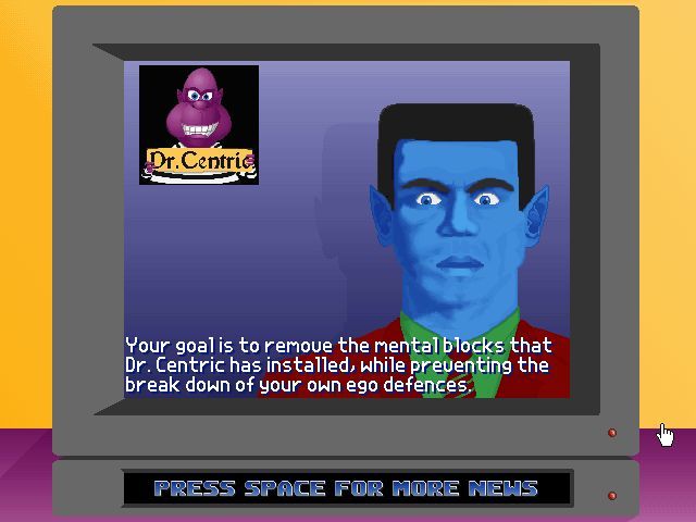Ego (Windows) screenshot: The game has an animated introduction in which the player learns that their subconscious has been invaded via the TV newscast