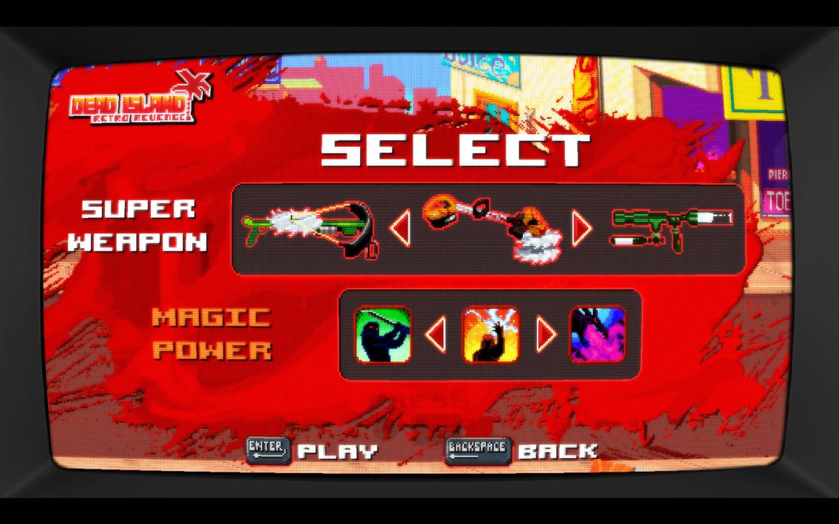 Dead Island: Retro Revenge (Windows) screenshot: Select a weapon and magic power before starting a mission.