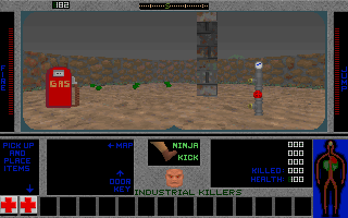 Industrial Killers (DOS) screenshot: A gas station with some grenades for the player to pick up. Not very safe.