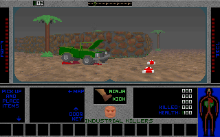Industrial Killers (DOS) screenshot: The game starts in an outdoor area with a jeep and some medkits.