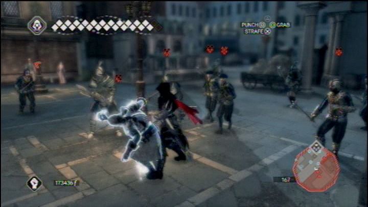 Assassin's Creed II (PlayStation 3) screenshot: Even though heavily outnumbered by the heavy-armour guards, Ezio does not surrender easily.