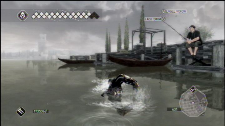 Assassin's Creed II (PlayStation 3) screenshot: Fisherman won't mind you passing by... this time running, swimming, flying, it's all there.