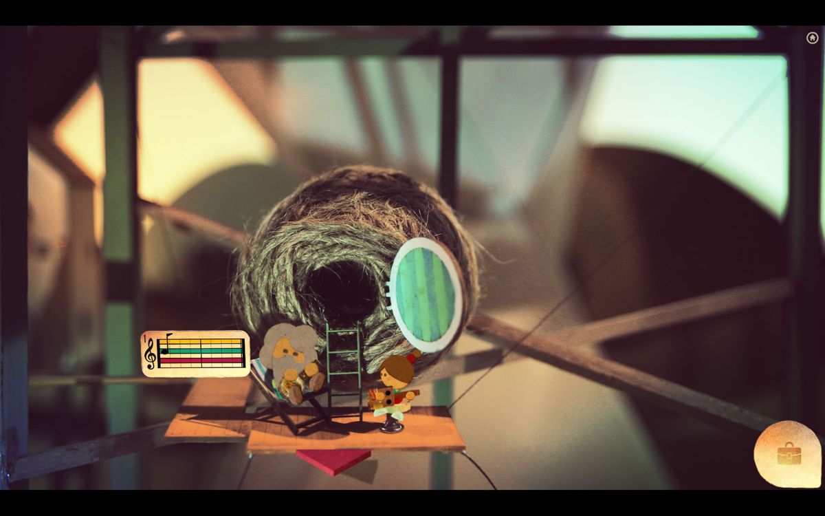Lumino City (Windows) screenshot: A quiet moment where you learn to play a tune on a guitar.