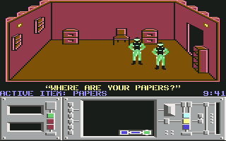 Infiltrator II (Commodore 64) screenshot: Mission 1 - The guard wants to see your papers.