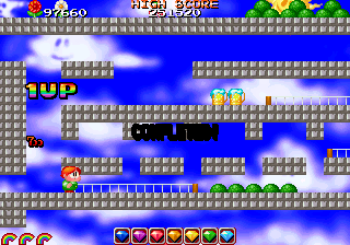 Bubble Bobble also featuring Rainbow Islands (DOS) screenshot: Finally collected all seven diamonds, and earned an extra life in the process [Rainbow Islands Enhanced]