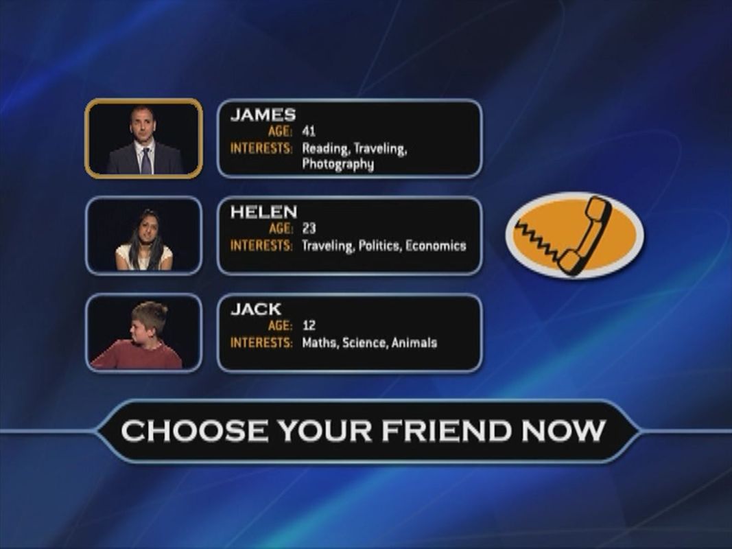 Who Wants to Be a Millionaire?: 3rd Edition (DVD Player) screenshot: Here the player has elected to use their 'Phone A Friend' lifeline. These are the friends on offer