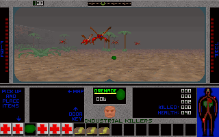 Industrial Killers (DOS) screenshot: In the outdoor area, the player is literally swarmed with mutated bugs. The grenades should make a short work of them though.