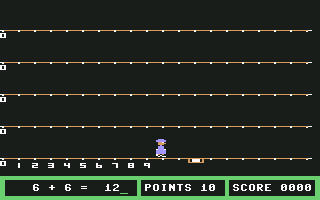 Fay: That Math Woman! (Commodore 64) screenshot: Fay is running to a place, representing your answer