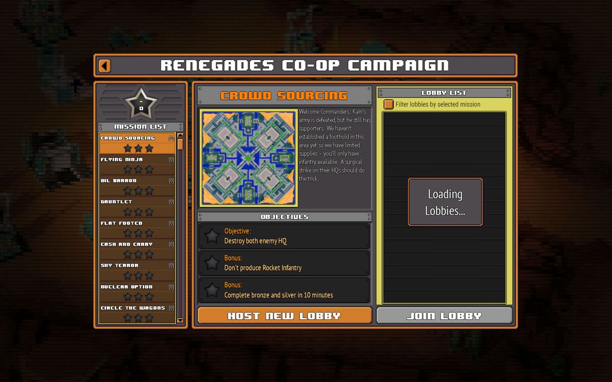 8-Bit Armies (Windows) screenshot: Overview for the Renegades co-op campaign
