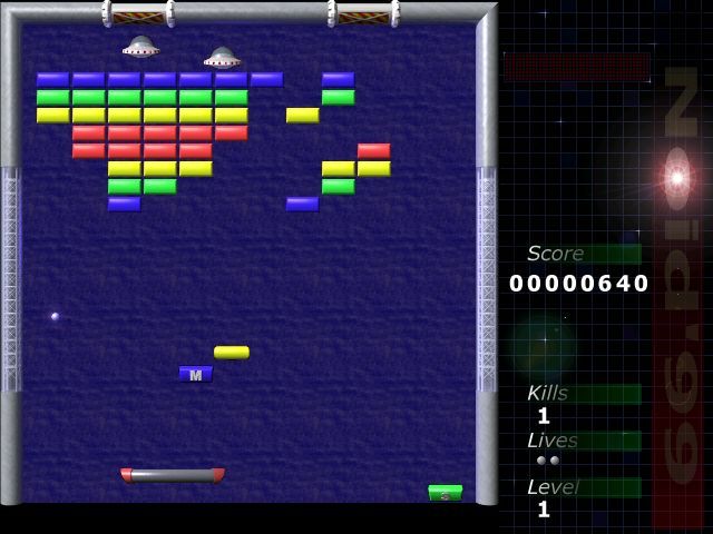 Noid'99 (Windows) screenshot: here the player is part way through level one.<br>Spaceships have appeared<br>The blue and yellow falling blocks are power ups
