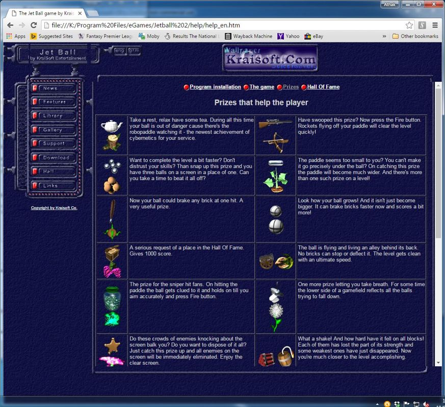 1st Go Warkanoid II (Windows) screenshot: The game's manual opens in a browser window. here it's showing some of the beneficial power-ups