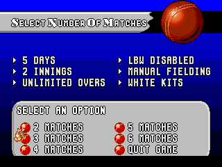 Allan Border's Cricket (Genesis) screenshot: Options for the Test Series