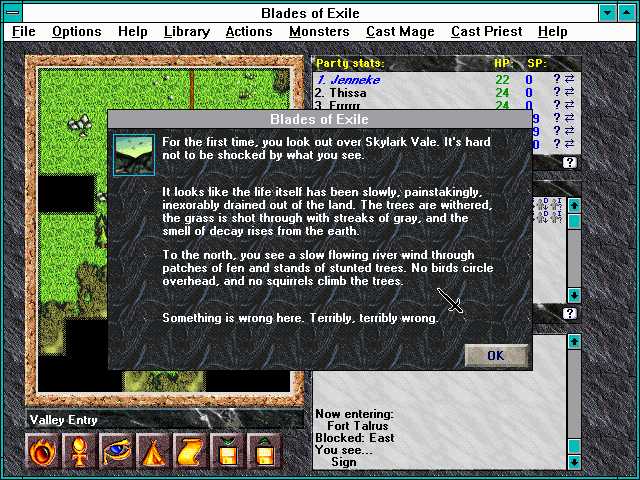 Blades of Exile (Windows 3.x) screenshot: What the graphics fail to indicate, the prose will drive home 8)