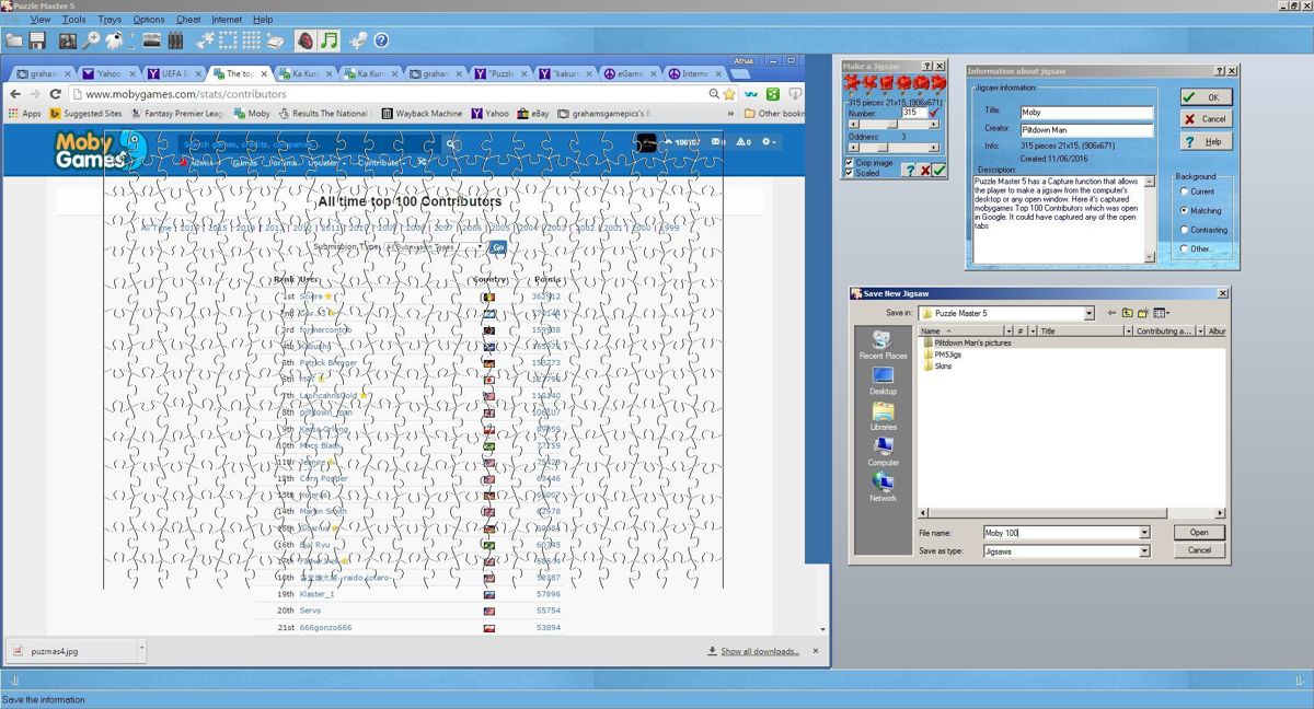 Puzzle Master 5 (Windows) screenshot: The game can capture an image from any program that is running, here it's the mobygames Top 100 Contributors, and make it into a jigsaw
