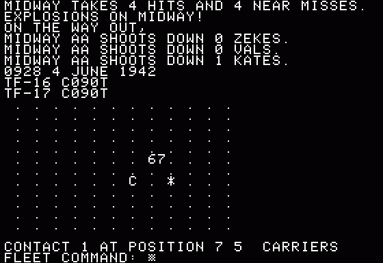 Midway Campaign (Apple II) screenshot: 0928 JCarrier at max range from Midway spotted