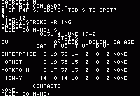 Midway Campaign (Apple II) screenshot: 0130 June 4th Start arming all aircraft for early morning strike