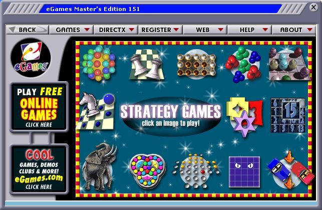 eGames Master Series 151 (Windows) screenshot: The Strategy Games menu<br>Hovering over a picture shows the game's name