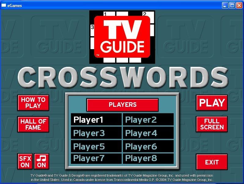 TV Guide: Crosswords (Windows) screenshot: The game's menu / load screen<br> This does not mean that eight players can play the game at once, rather the game will store the scores for eight separate people