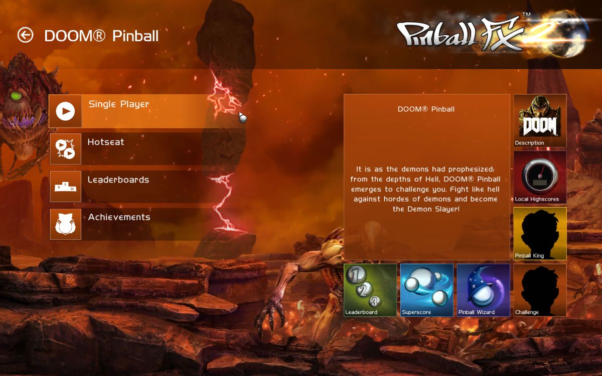 Pinball FX2: Bethesda Pinball (Windows) screenshot: <i>DOOM</i>: main menu