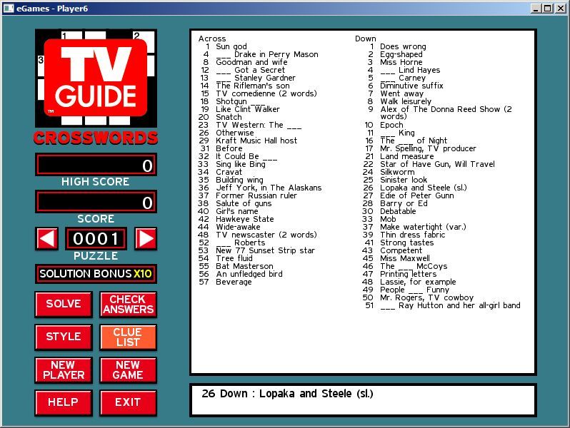 TV Guide: Crosswords (Windows) screenshot: It is possible to see all the clues at once but this replaces the crossword so it's not possible to see how the clues/answers interact