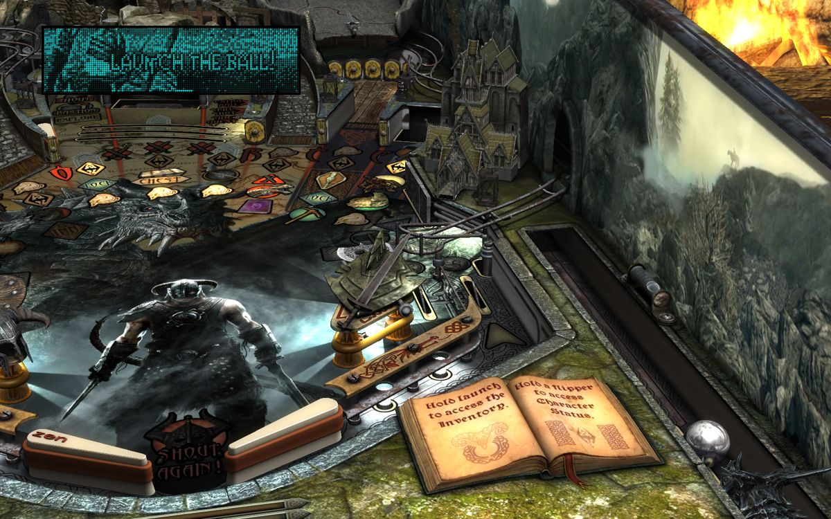 Pinball FX2: Bethesda Pinball (Windows) screenshot: <i>Skyrim</i>: launching the ball.