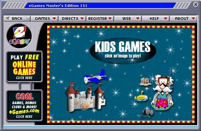 eGames Master Series 151 (Windows) screenshot: The Kids Games menu<br>Hovering over a picture shows the game's name