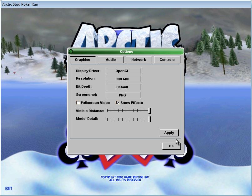 Arctic Stud Poker Run (Windows) screenshot: Fine-tuning audio, graphics and controls