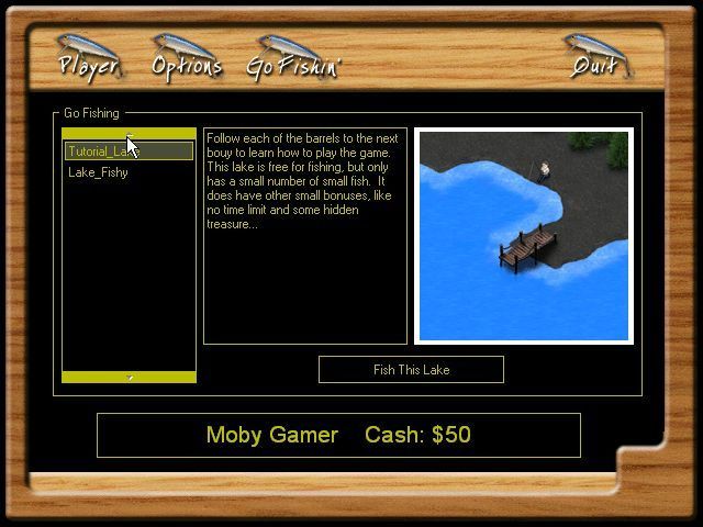Fishing (Windows) screenshot: The lake selection screen.<br>This is the start of a game so just the tutorial lake and one 'real' lake are available