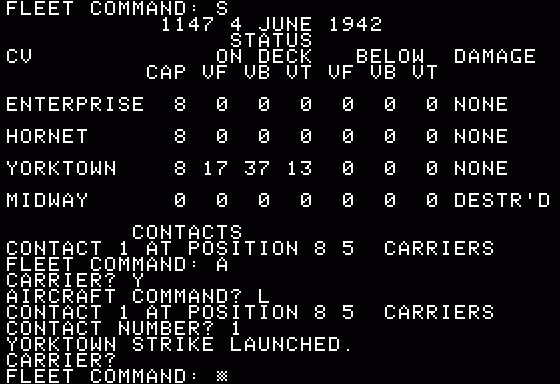 Midway Campaign (Apple II) screenshot: Launch from Enterprise and Hornet that are in range - no US carriers spotted yet