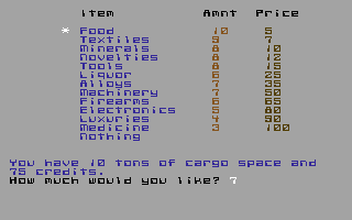 Corsair (Commodore 64) screenshot: Buying merchandise