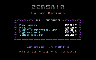 Corsair (Commodore 64) screenshot: Title and high score table