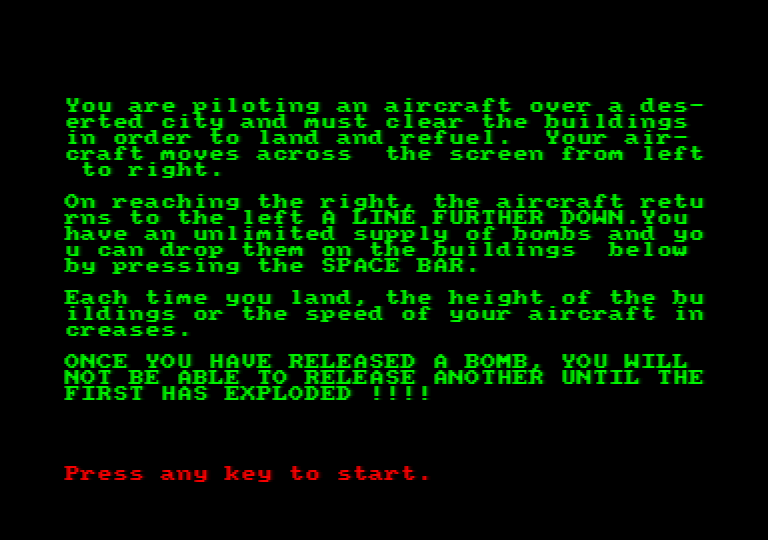 Bomber (Amstrad CPC) screenshot: Instructions