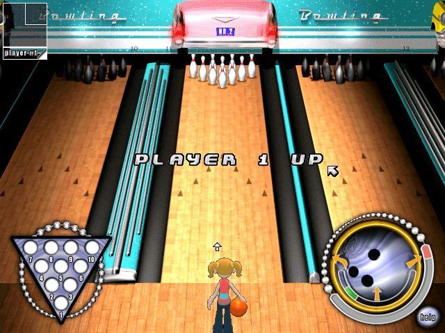 Bowling Mania (Windows) screenshot: The start of a game using the 1950's alley<br>The shot control is in the lower right, the outer bar is power and the inner bar is direction