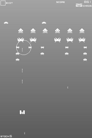 Space Invaders Infinity Gene (iPhone) screenshot: Your ship continuously fires, leaving you free to dodge return fire and destory the invaders