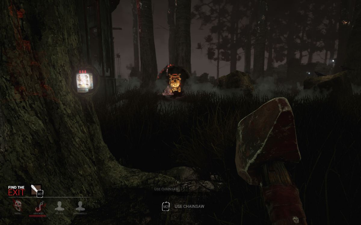 Dead by Daylight (Windows) screenshot: It is visualized where the fourth generator was just repaired. The survivors can now open the metal gate.