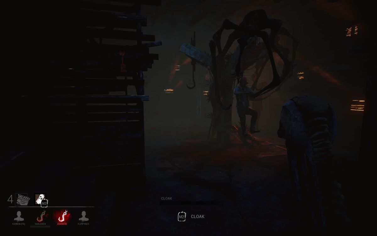 Dead by Daylight (Windows) screenshot: A survivor has been hanged on a hook.
