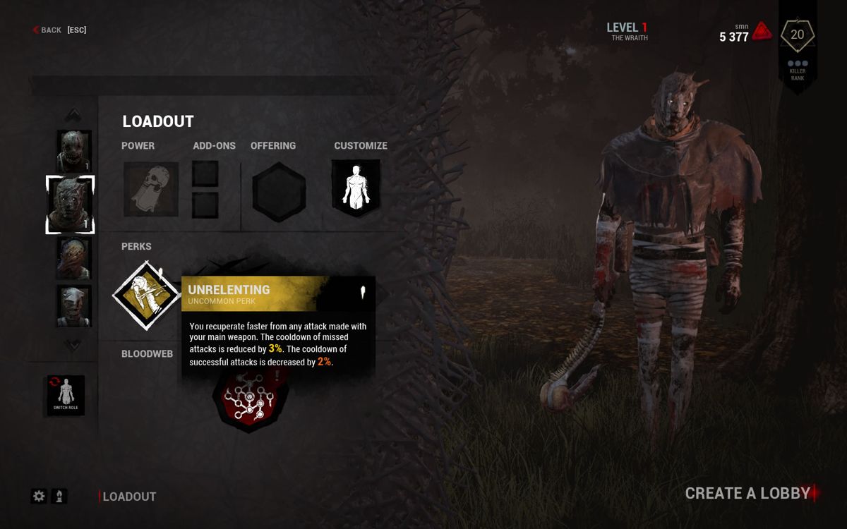 Dead by Daylight (Windows) screenshot: Character selection and loadout for the Wraith