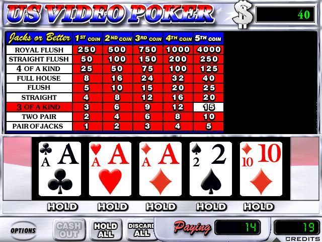 US Video Poker (Windows) screenshot: The first deal showed three aces, they were held but nothing better came up in the redeal so the player wins $15 which the game is paying out now