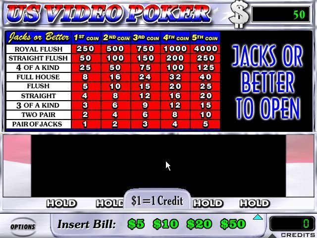 US Video Poker (Windows) screenshot: The start of a game.