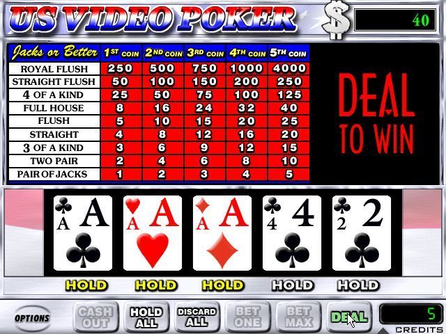 US Video Poker (Windows) screenshot: The first deal shows three aces. That's a good start so we'll hold those and see what cards come up in the redeal