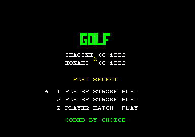 Konami's Golf (Amstrad CPC) screenshot: Title screen and main menu