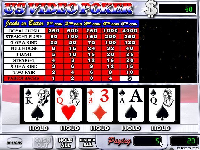 US Video Poker (Windows) screenshot: The Jack and the King show presidents Kennedy and Washington but who is the Queen?